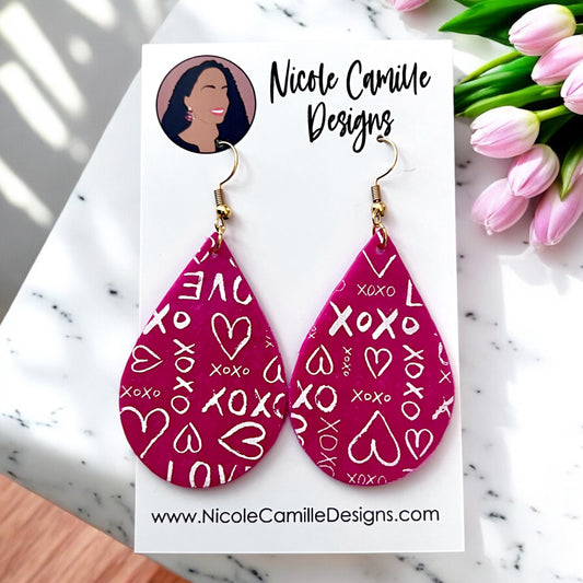 Fuschia VDay Scribble Teardrop Clay Earrings