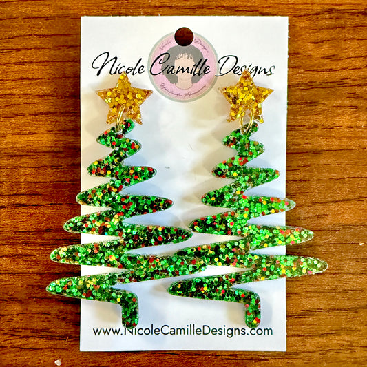 Xmas Mix Glitter Whimsical XMas Tree Resin Earrings