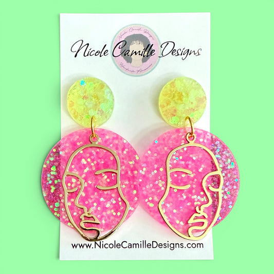 Pink & Yellow Glitter Brass Face Resin Earrings