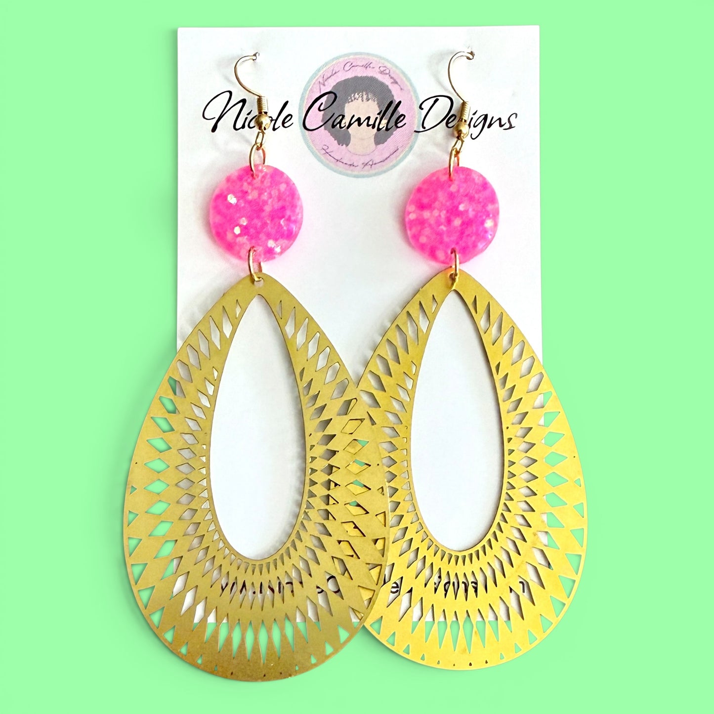 Brass Boho Teardrop & Pink Resin Earrings