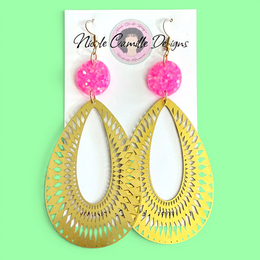 Brass Boho Teardrop & Pink Resin Earrings