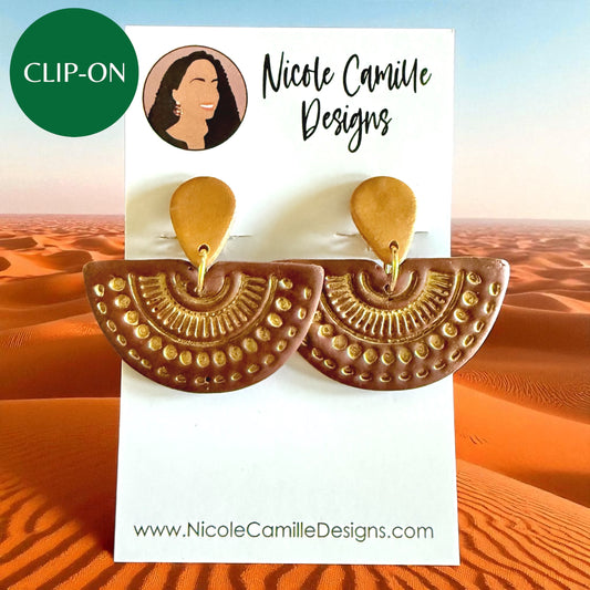 Brown & Gold Sunburst Clip-on Clay Earrings