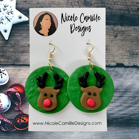 Large Green Rudolph Clay Earrings