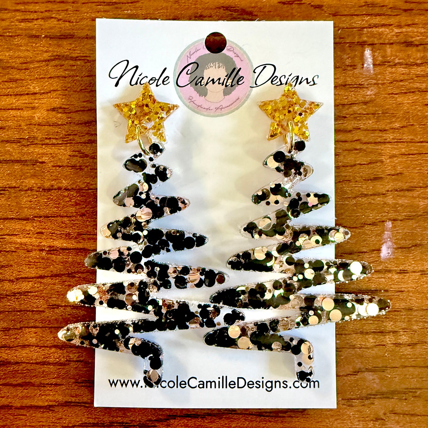 Black & Rose Gold Glitter Whimsical XMas Tree Resin Earrings