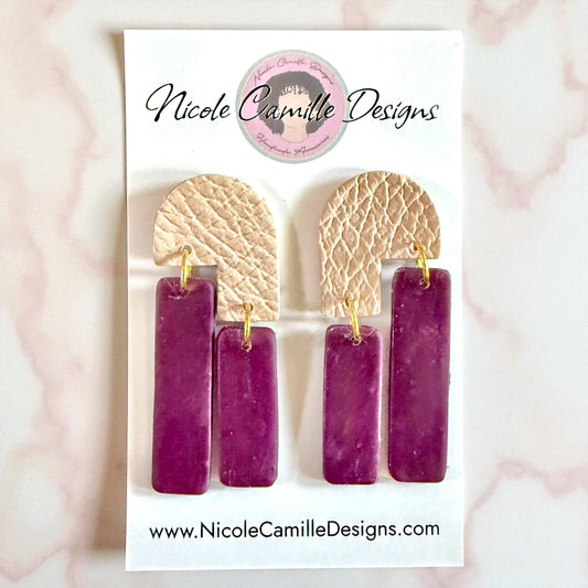 Plum & Beige Abstract Dangle Clay Earrings