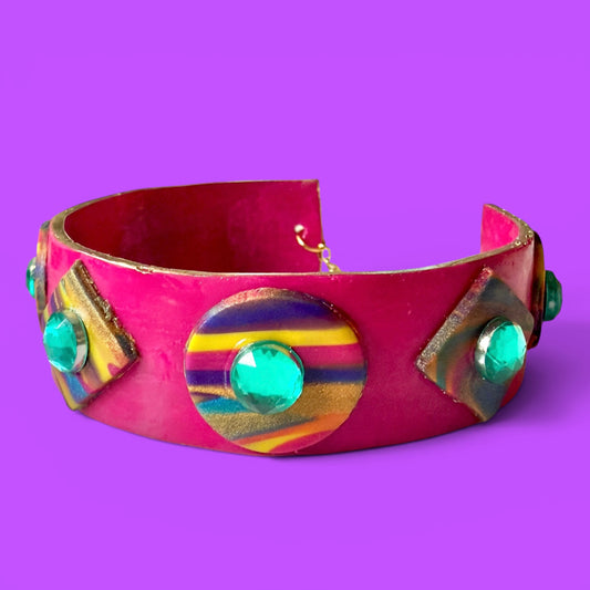 Fuschia Jeweled Clay Cuff Bracelet
