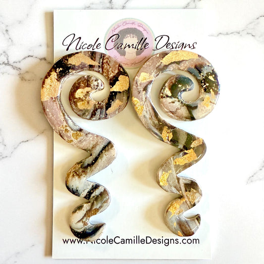 B&W Swirl Large Spiral Squiggle Clay Earrings
