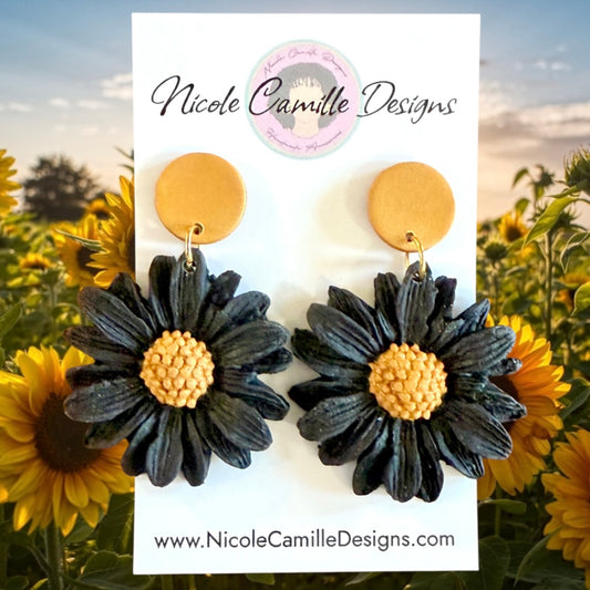 Black Flower Clay Earrings