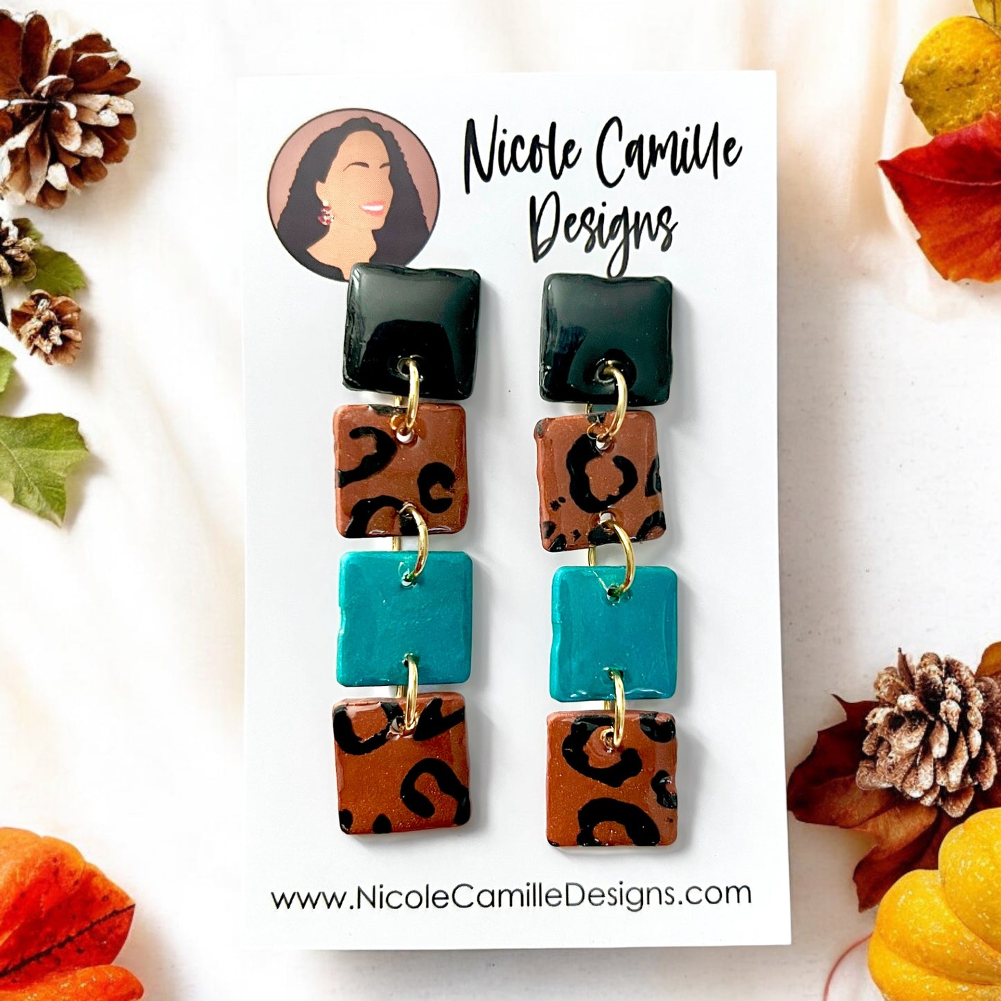 Black & Teal Leopard Squares Clay Earrings