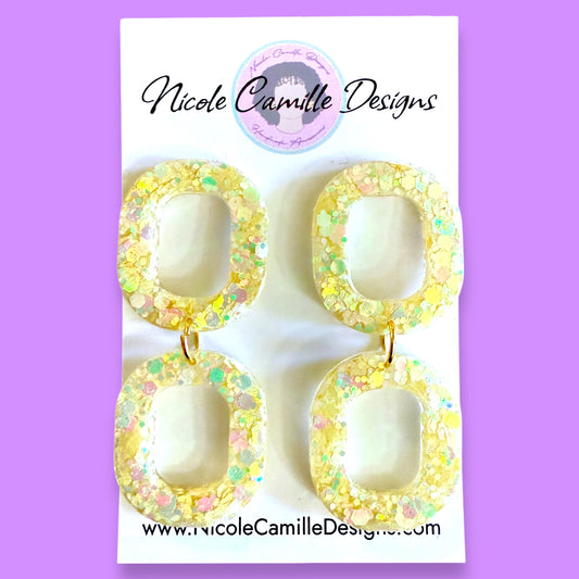 Butter Yellow Glitter Double Oval Resin Earrings