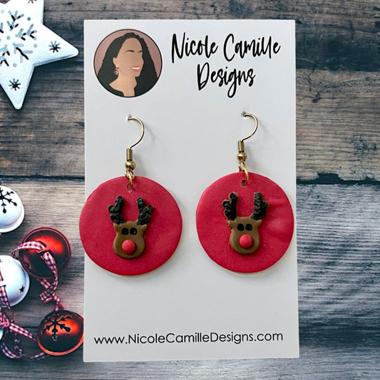 Red Rudolph Clay Earrings