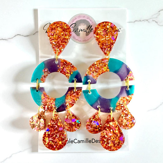 Teal & Navy Mix Glittery Large Dangle Resin Earrings