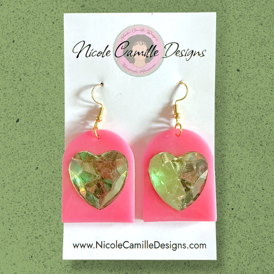 Pink & Green Gem Heart Resin Earrings