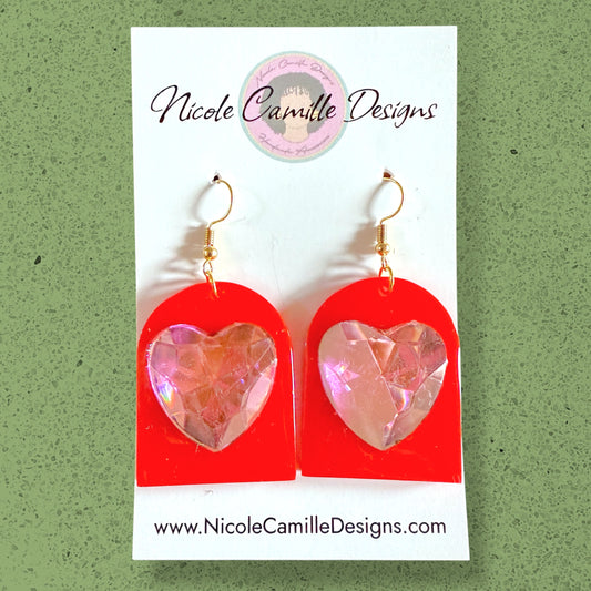 Red & Pink Gem Heart Resin Earrings