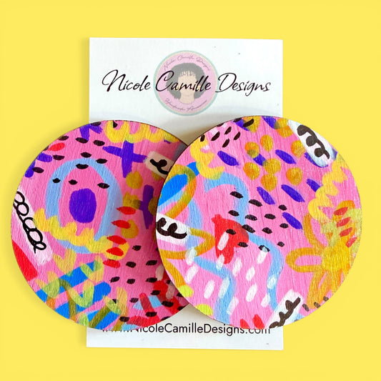 Pink Abstract Jumbo Disc Wood Earrings