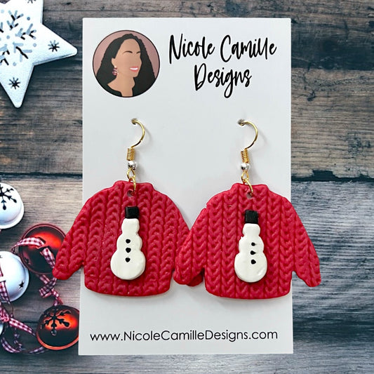 Red Sweater Snowman Clay Earrings