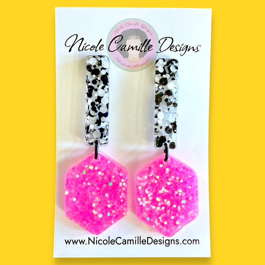 Hot Pink Mix Glitter Skinny Hexagon Resin Earrings