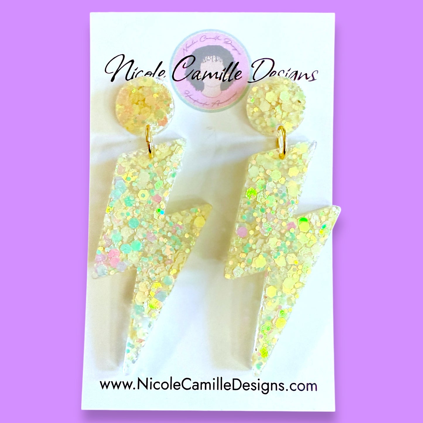 Butter Yellow Glitter Lightning Resin Earrings