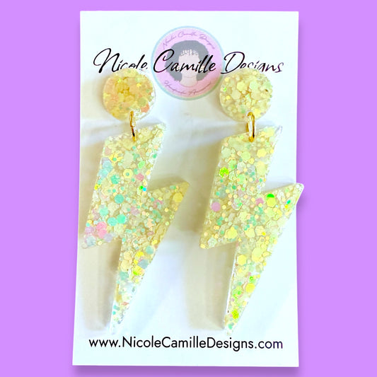 Butter Yellow Glitter Lightning Resin Earrings
