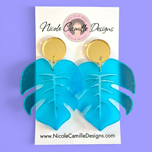 Aqua Monstera Acrylic Earrings