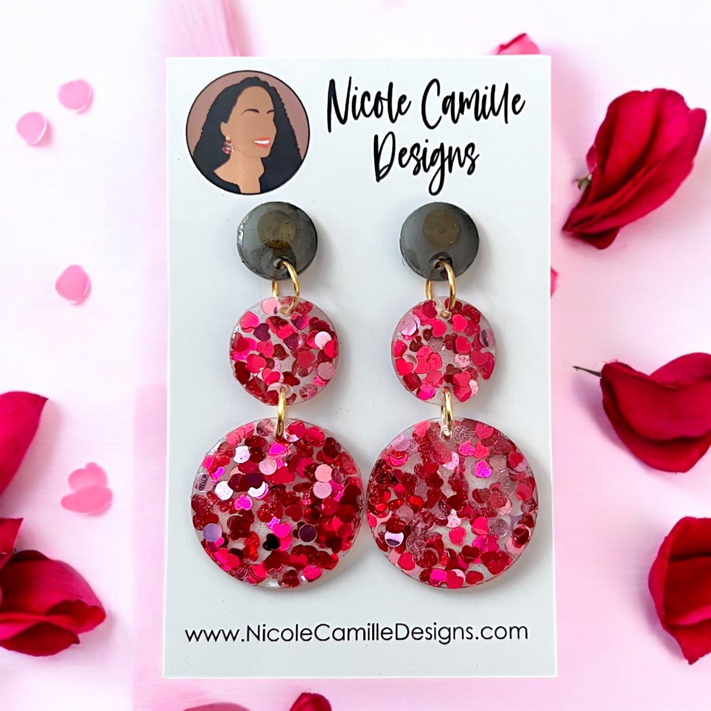 Fuschia Heart Glitter 3-Disc Resin Earrings