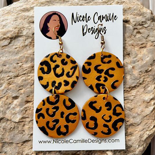 Gold Leopard Print Double Disc Clay Earrings