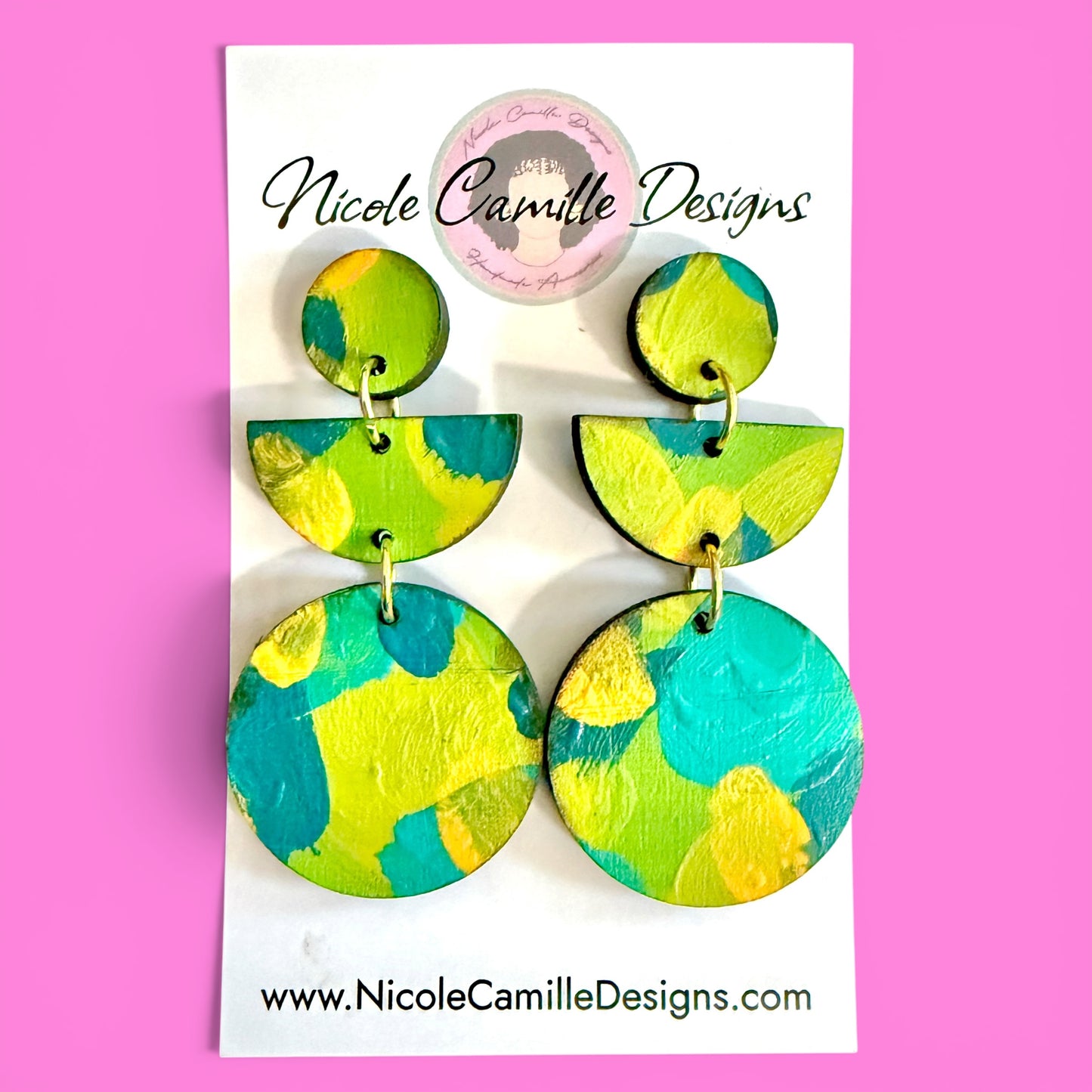 Lime & Turquoise Geometric Wood Earrings