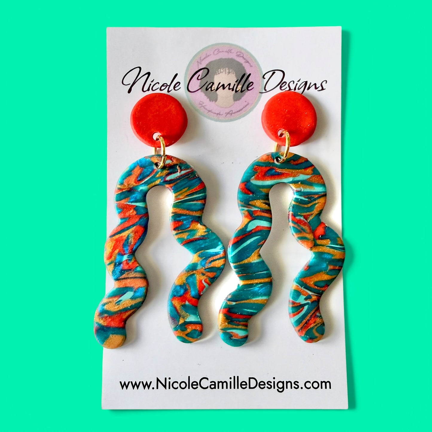 Teal & Burnt Orange Wavy Horseshoe Clay Earrings