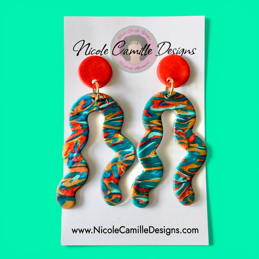 Teal & Burnt Orange Wavy Horseshoe Clay Earrings