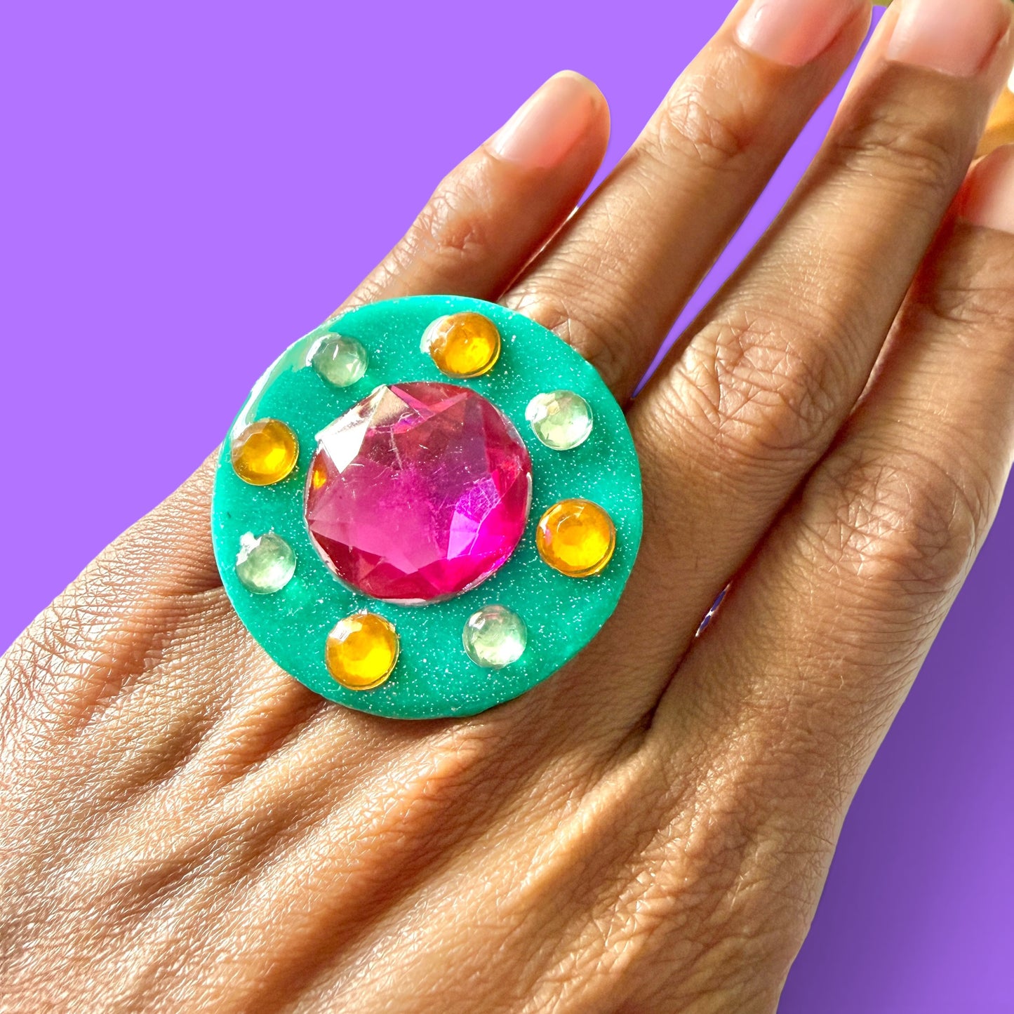 Teal Jeweled Jumbo Clay Adjustable Ring