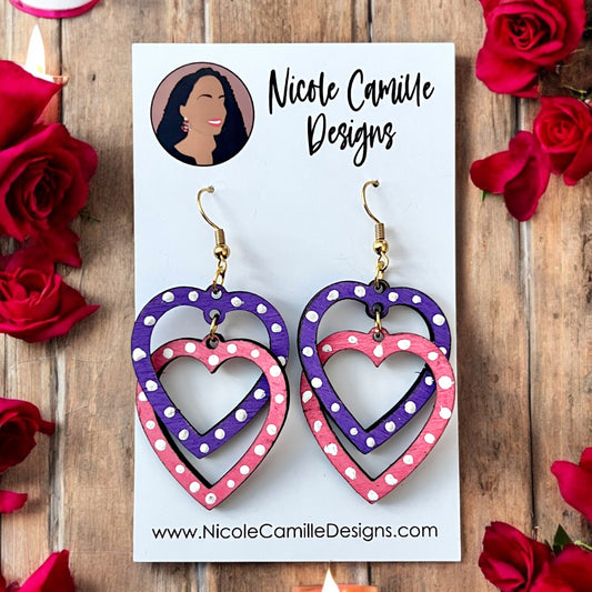 Purple & Pink Linked Hearts Wood Earrings