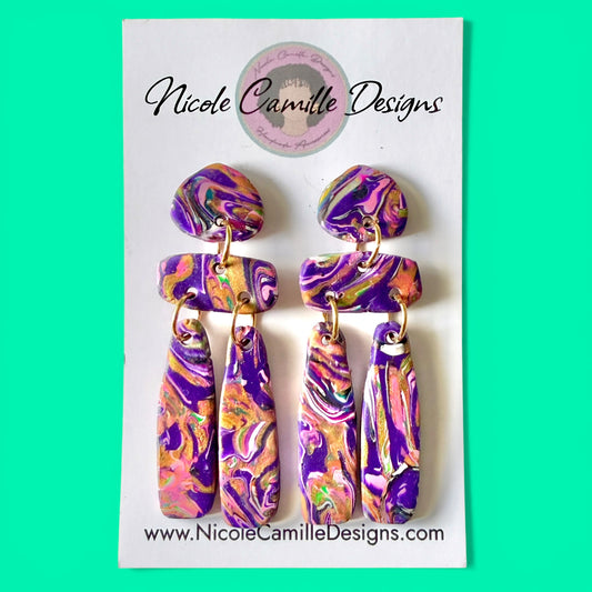 Purple & Pink Swirl Dangle Clay Earrings