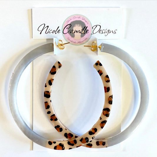Gray & Leopard Jumbo Hoops Resin Earrings