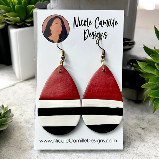 Burgundy & Stripes Teardrop Clay Earrings