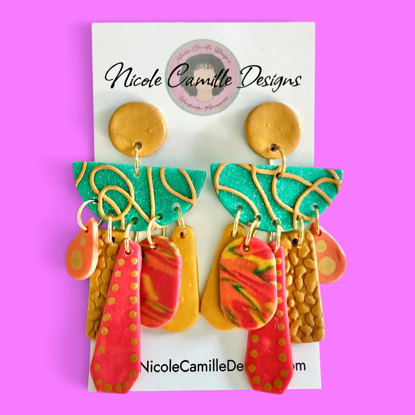 Teal Boho Abstract Dangle Clay Earrings