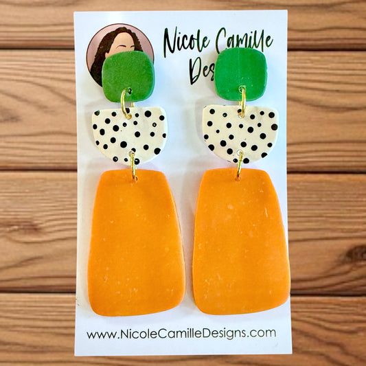 Green & Orange Boho Rectangle Clay Earrings