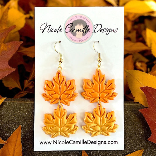 Orange & Gold Leaf Dangles Clay Earrings