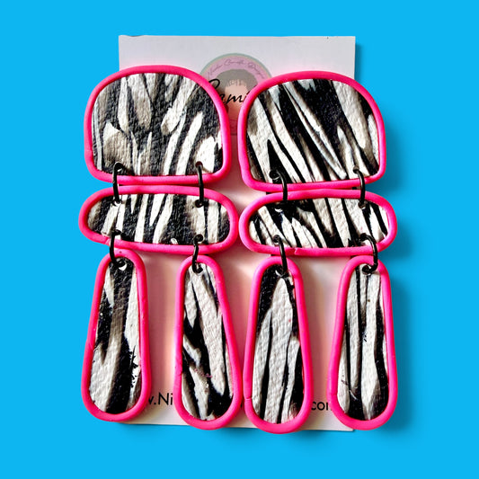 B/W & Hot Pink Abstract Clay Earrings 1