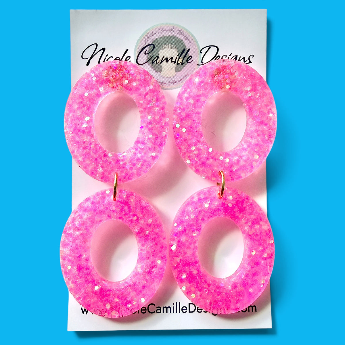 Hot Pink Glitter Double Oval Resin Earrings