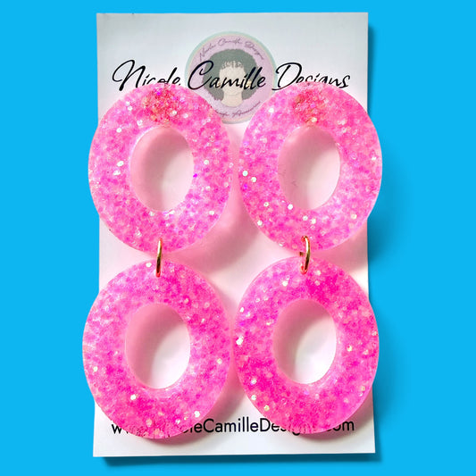 Hot Pink Glitter Double Oval Resin Earrings