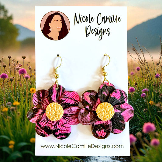 Hot Pink & Black Flower Dangles Clay Earrings