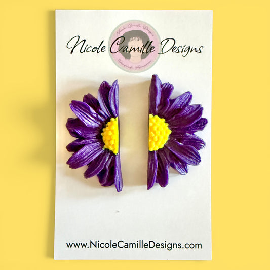 Dark Purple Half Flower Clay Earrings