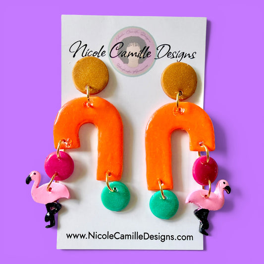 Orange Flamingo Arch Clay Earrings