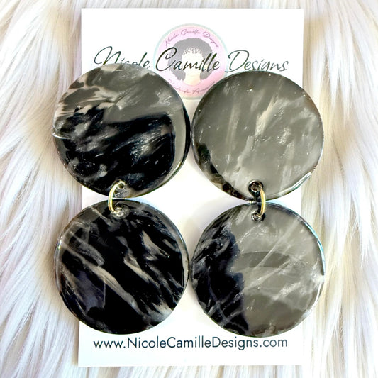 Black Marble Double Disc Clay Earrings