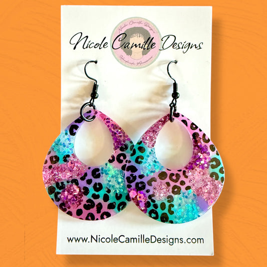 Purple/Teal/Pink Leopard Teardrop Resin Earrings