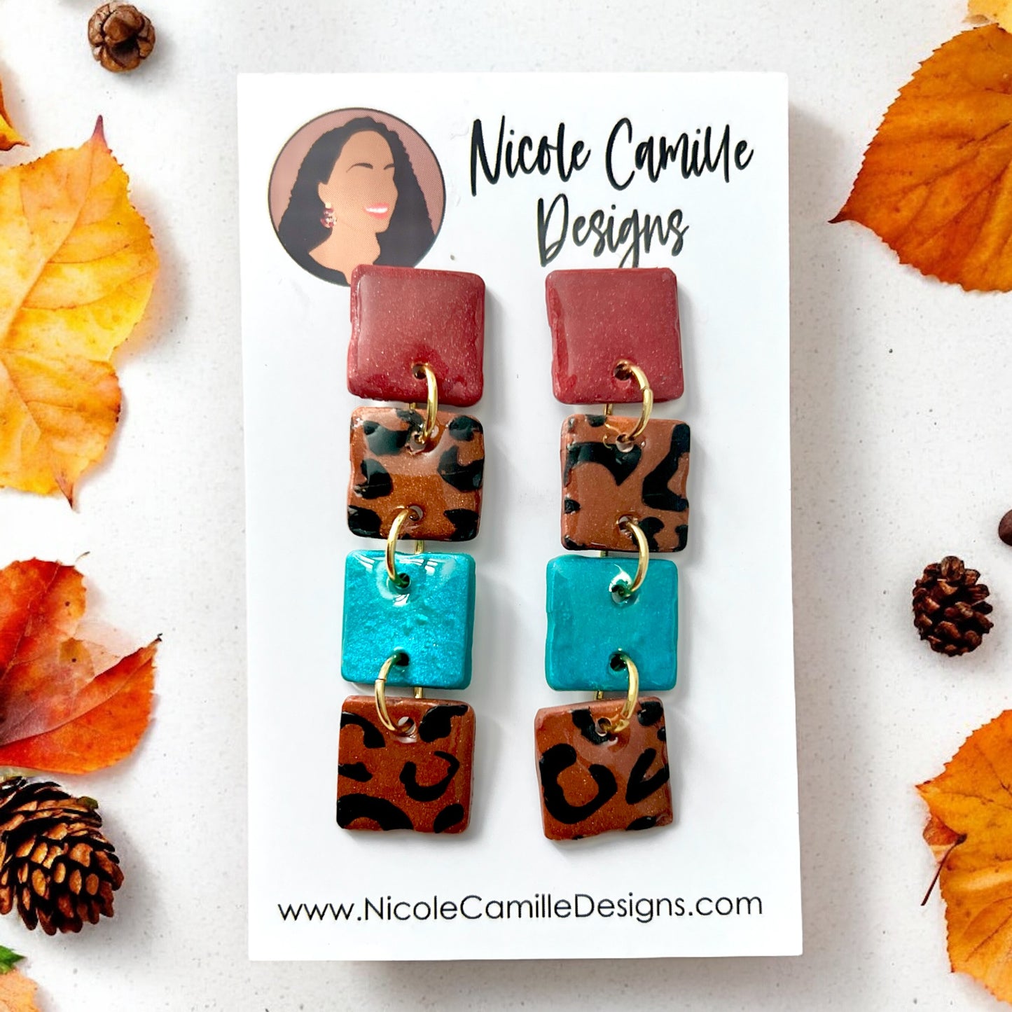 Dark Red & Teal Leopard Squares Clay Earrings