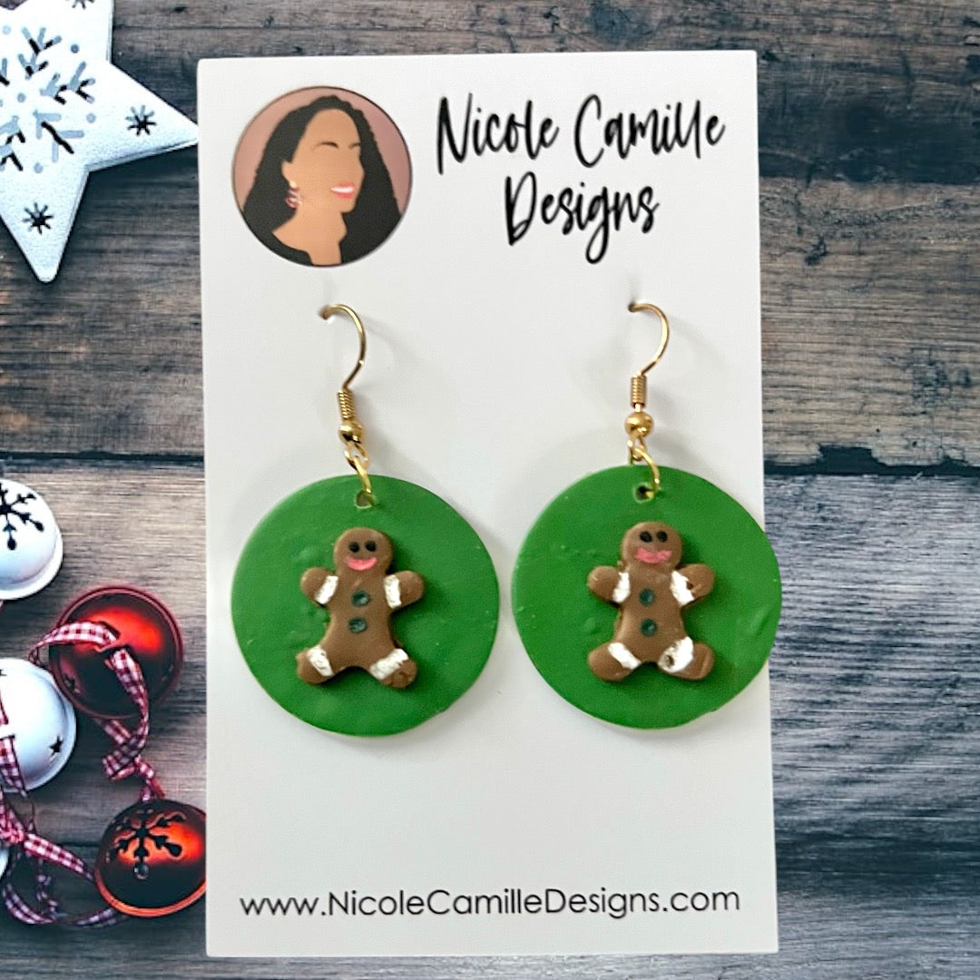 Green Gingerbread Man Clay Earrings