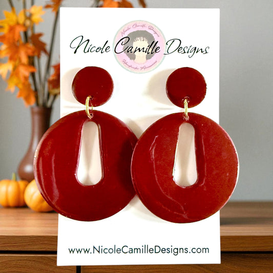 Maroon Round Cutout Clay Earrings