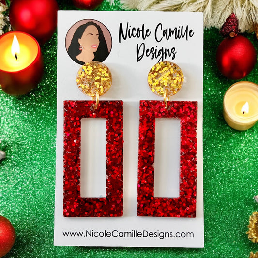 Red Glitter Rectangle Resin Earrings