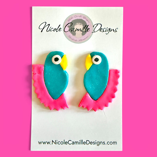 Teal Parrot Clay Earrings